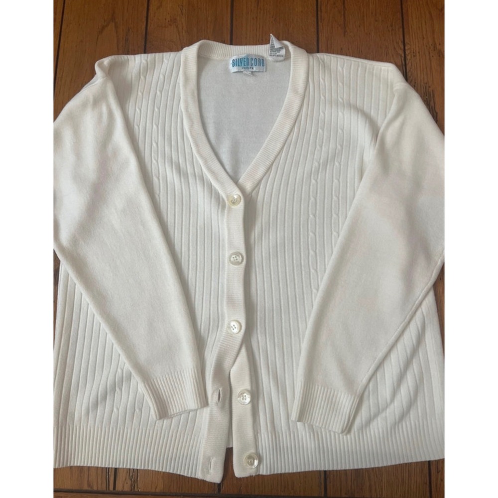Silver Cord Petite Vintage White Ribbed Cable Knit Button Front Cardigan P/M